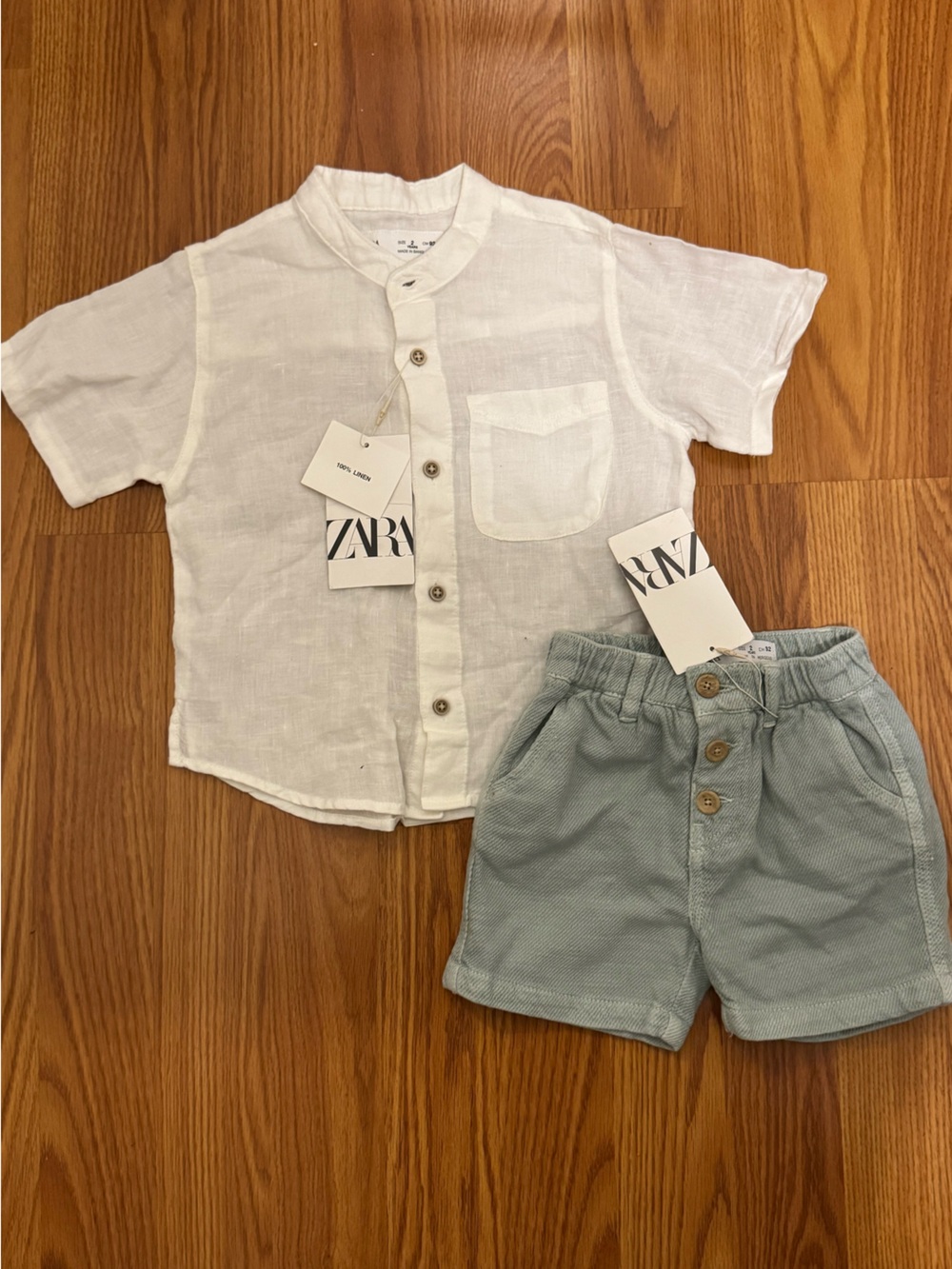 ZARA Kids White Linen Top with Sage Green Shorts